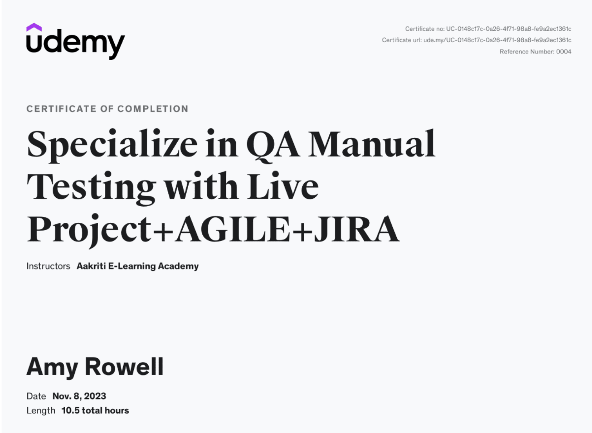 Specialize in QA Manual Testing certificate