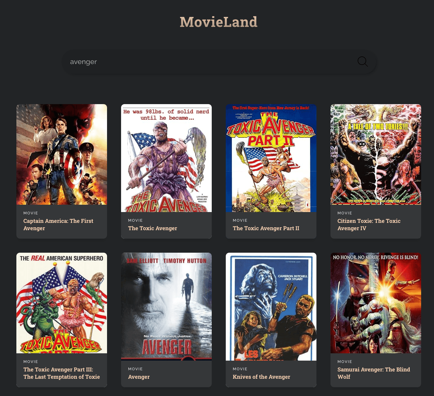 screenshot of Netflix style movie search