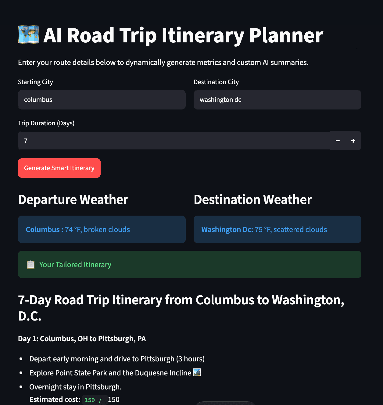 screen shot of trip planner app using Python and AI